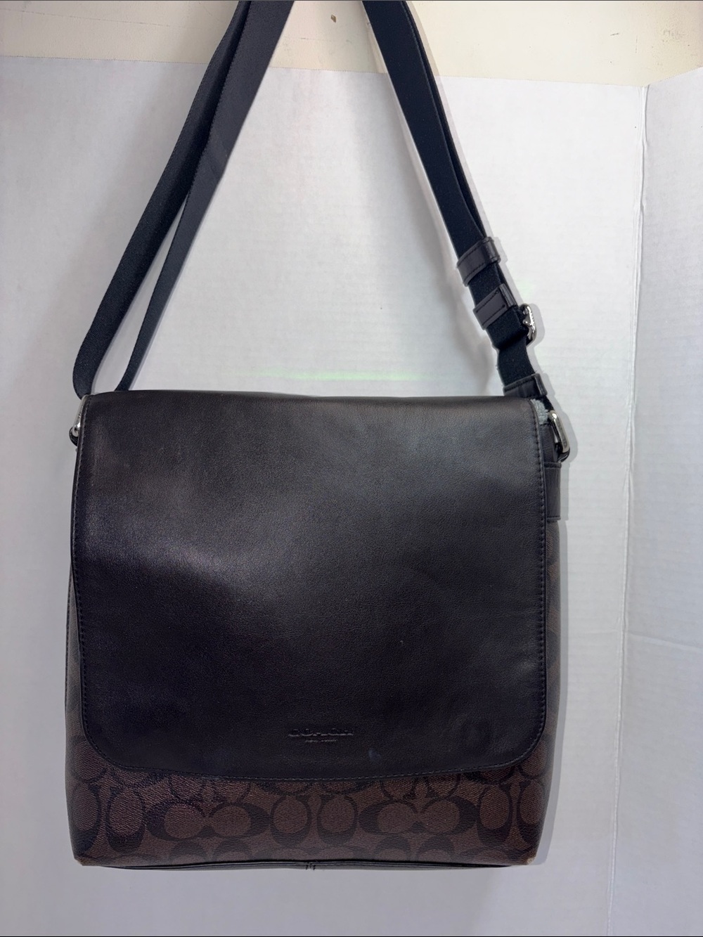 Coach Charles Black Leather Messenger with Brown Signature Canvas Base